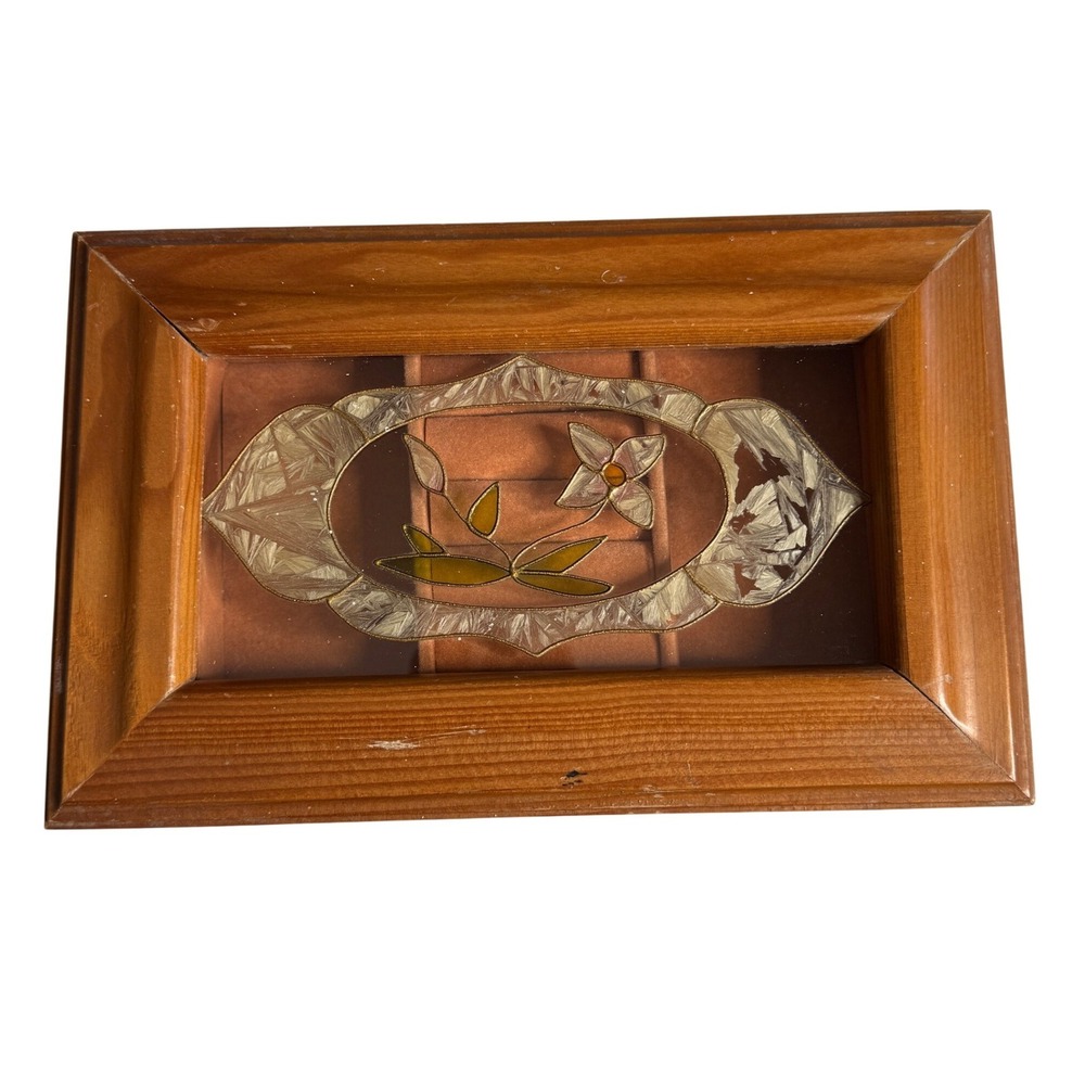 Vintage Wooden Jewelry Box Glass Floral Lid Removable Tray Organizer Brown